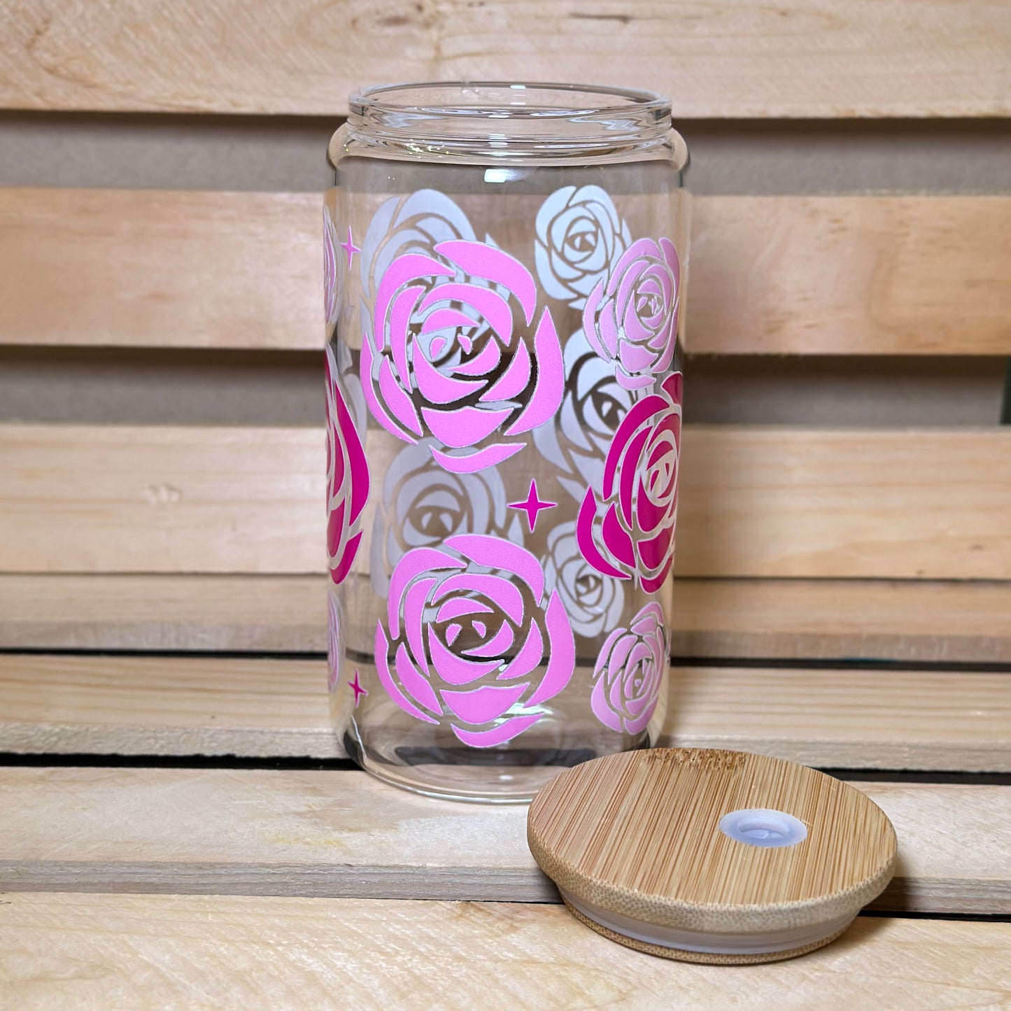 16 oz 2 Tone Pink Rose Glass cup