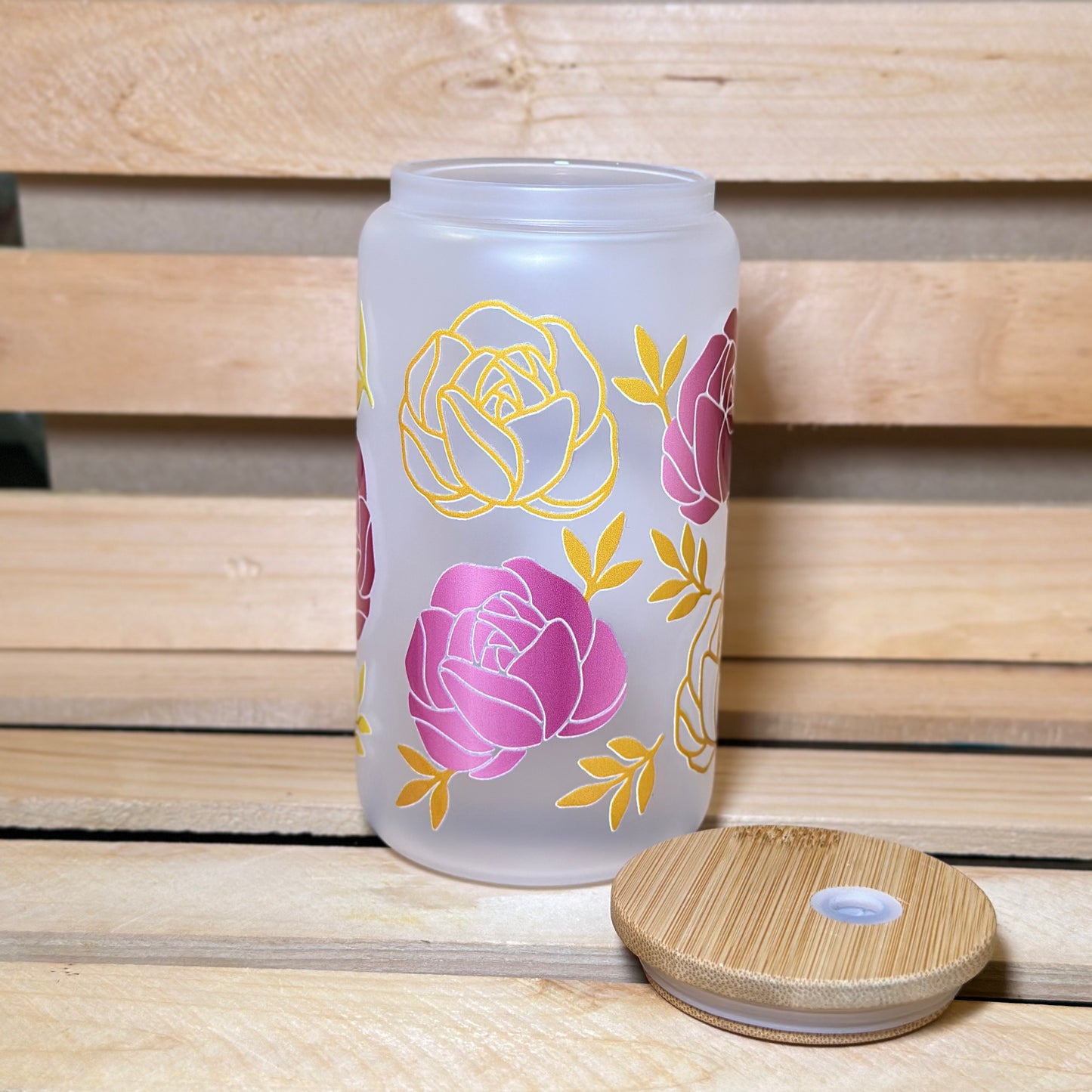 Yellow and Pink Rose 16oz Glass cup