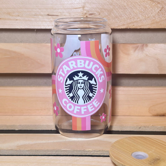 16oz Starbucks Coffee Pink Rainbow Glass Cup