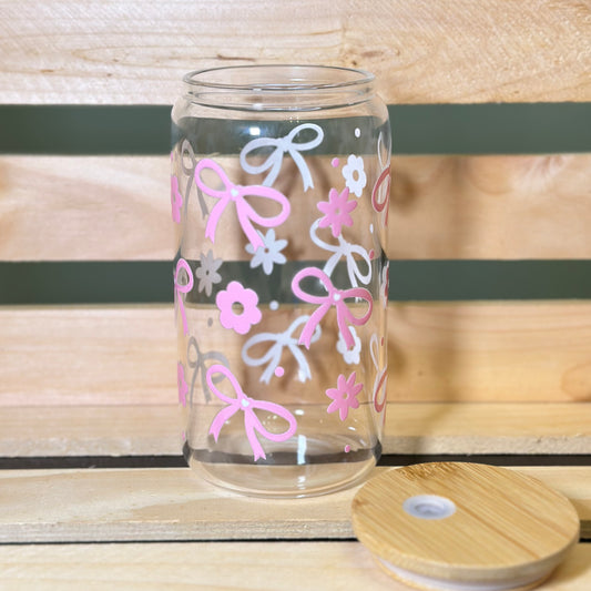 16 oz Small Pink Bows Glass Cup