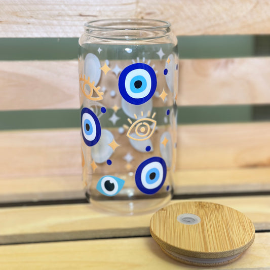 16oz Protect your Energy Blue and gold eyes Glass Cup