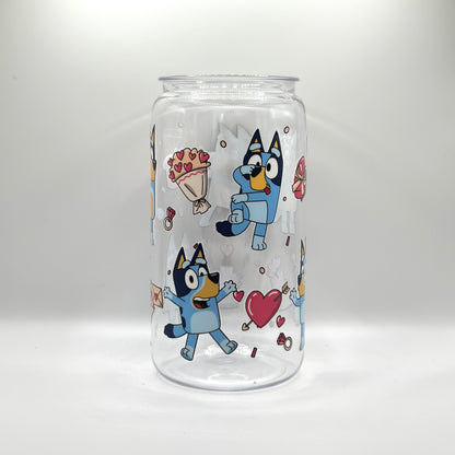 Bluey Valentines Hearts and flowers Glass Cup