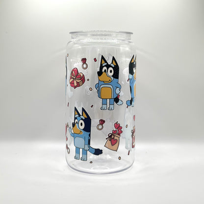 Bluey Valentines Hearts and flowers Glass Cup