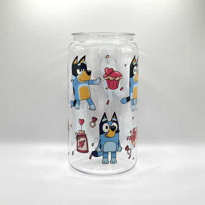 Bluey Valentines Hearts and flowers Glass Cup