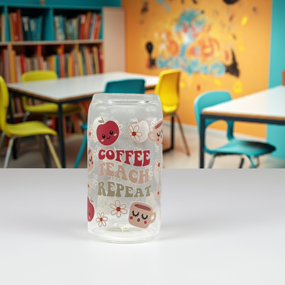Coffee Teach Repeat Teacher Glass Cup